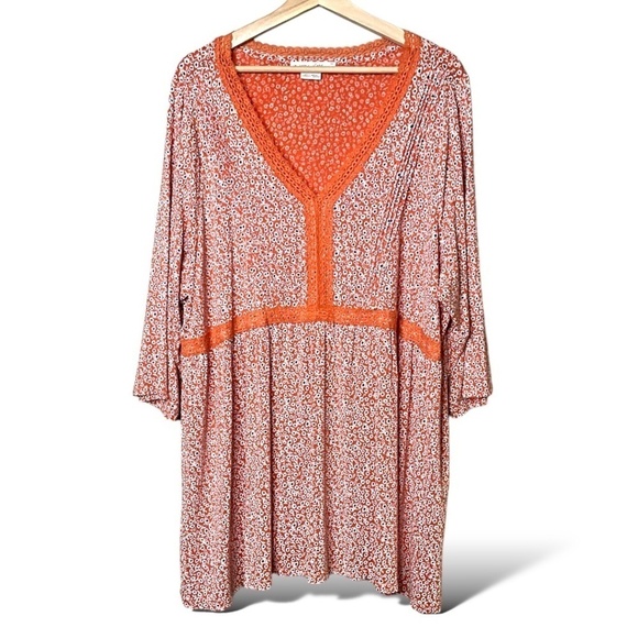 IN EVERY STORY Coral Ditsy Floral Print Tunic V-Neck Lace Trim 3/4 Sleeves 3X - Picture 1 of 8